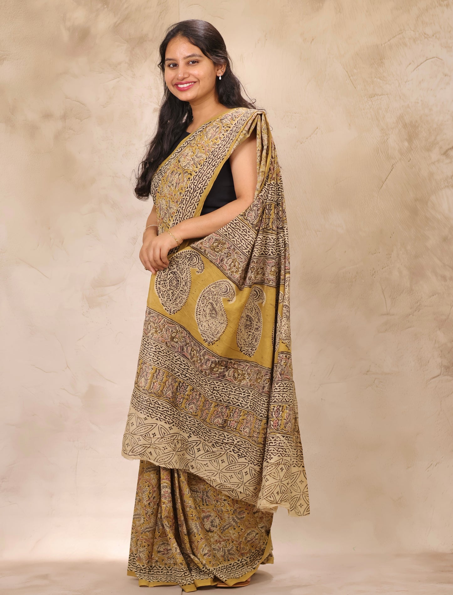 Mustard Hand Block Printed Kalamkari Cotton Saree | Looms & Tassels