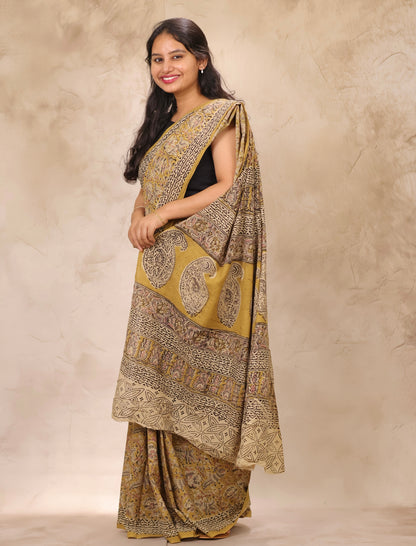 Mustard Hand Block Printed Kalamkari Cotton Saree | Looms & Tassels