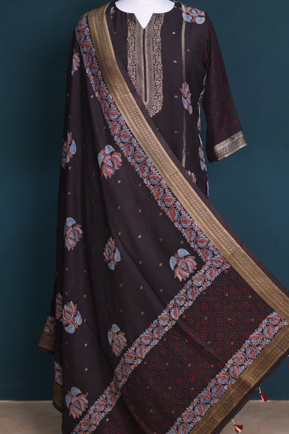 Black Handblock printed Ajrakh dola silk 2 piece suit (stitch