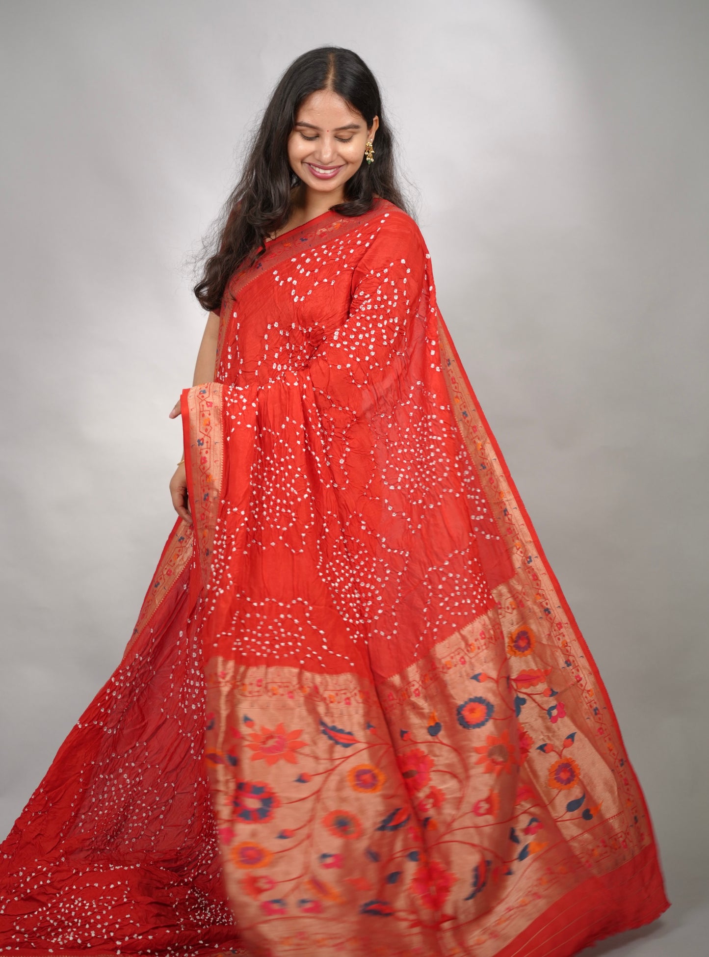 Red Handcrafted Pattern Bandhani Paithani Dola Silk Saree | Looms & Tassels
