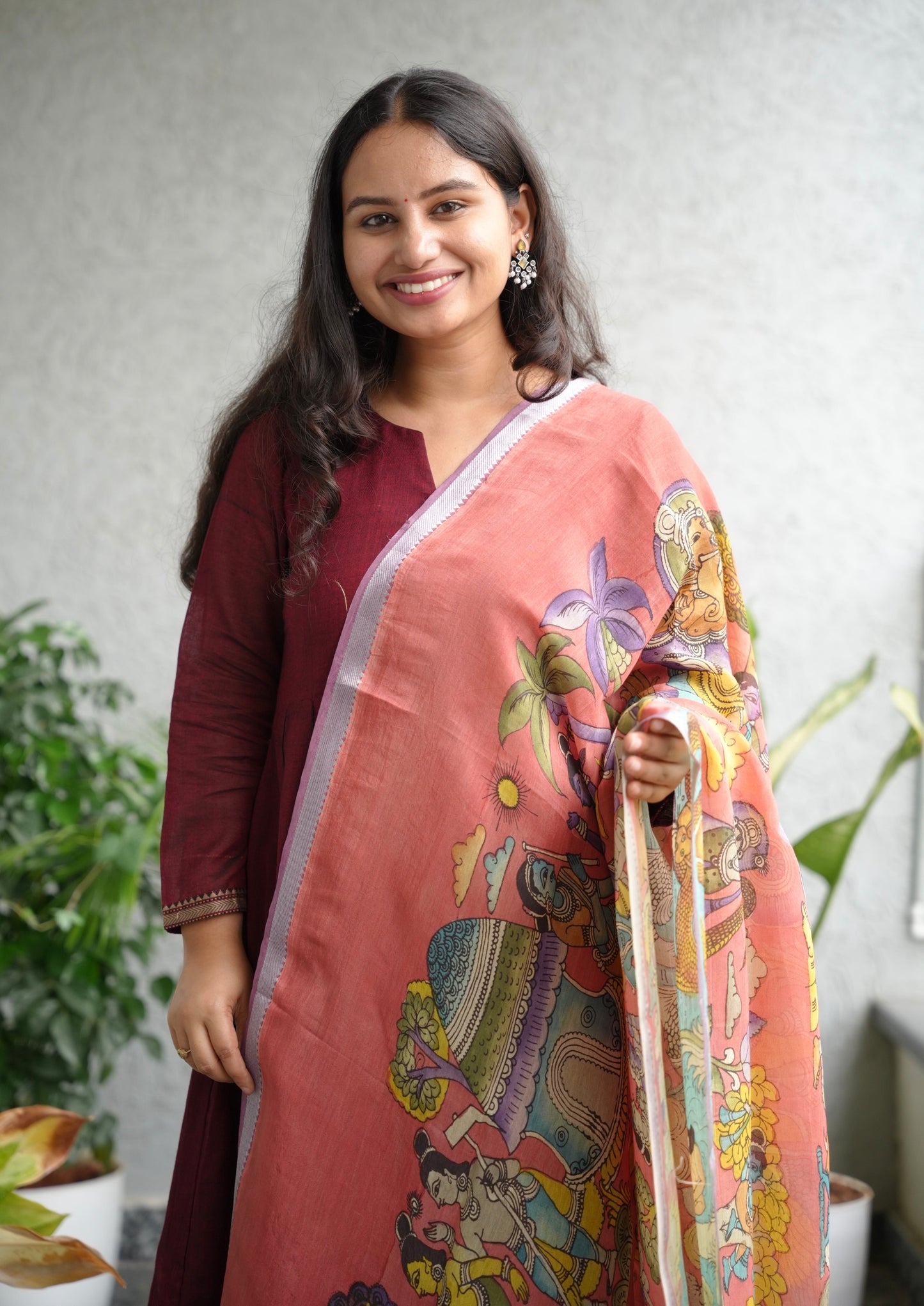 Peach Pen Kalamkari Mangalagiri silk Dupatta
