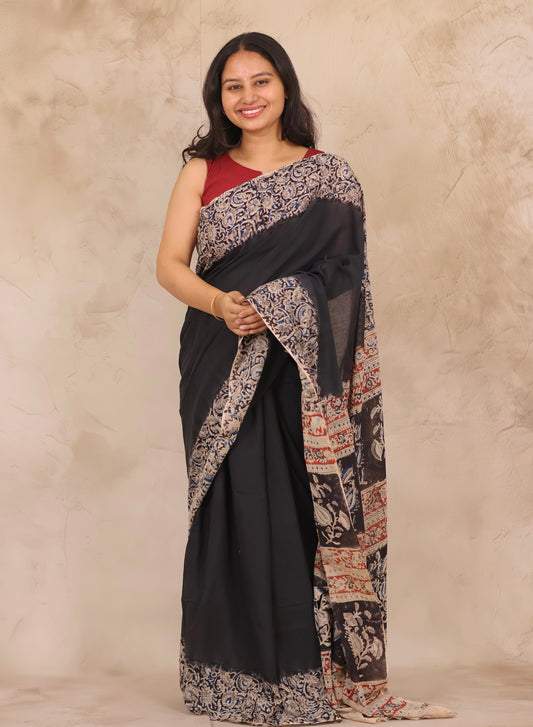 Black Hand Block Printed Kalamkari Cotton Saree | Looms & Tassels