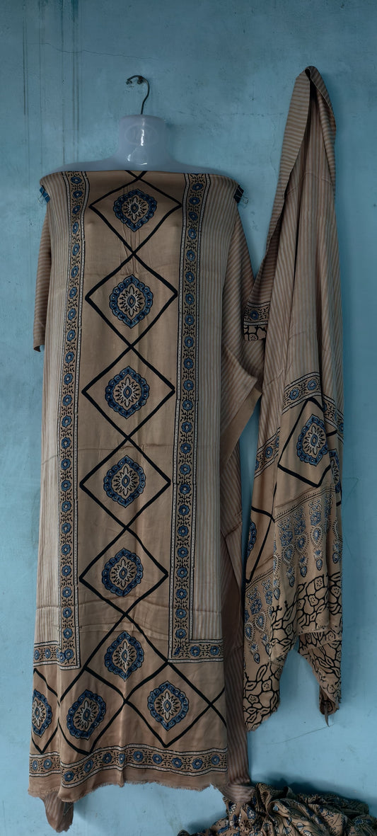 Handblock printed Ajrakh modal silk 2 piece suit set