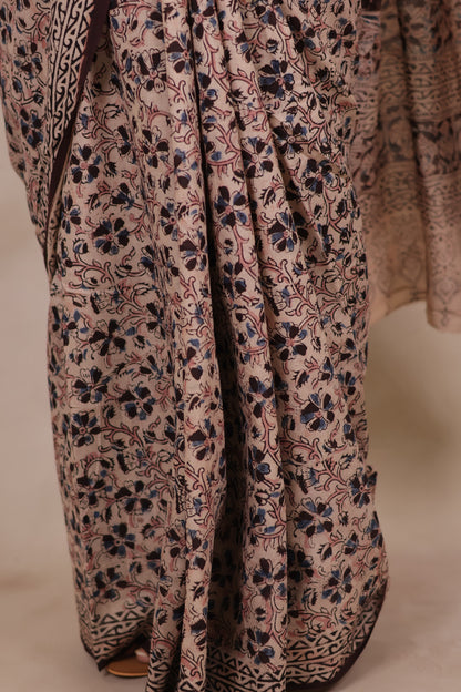 Cream Hand Block Printed Kalamkari Cotton Saree | Looms & Tassels