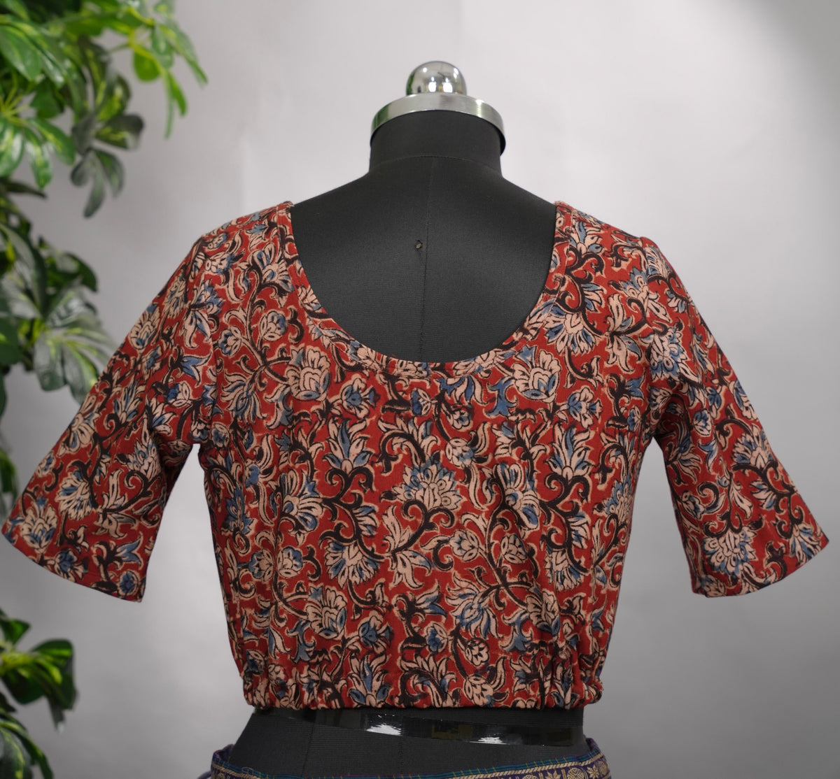 Maroon Boat Neck Stretchable Hand block printed kalamkari blouse