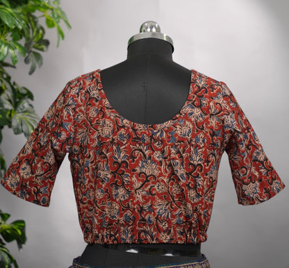 Maroon Boat Neck Stretchable Hand block printed kalamkari blouse