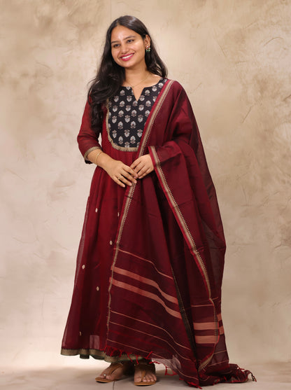 Maroon Ajrakh Patch Work Narayanpet Cotton Anarkali Dress with Narayanpet Dupatta | Looms & Tassels