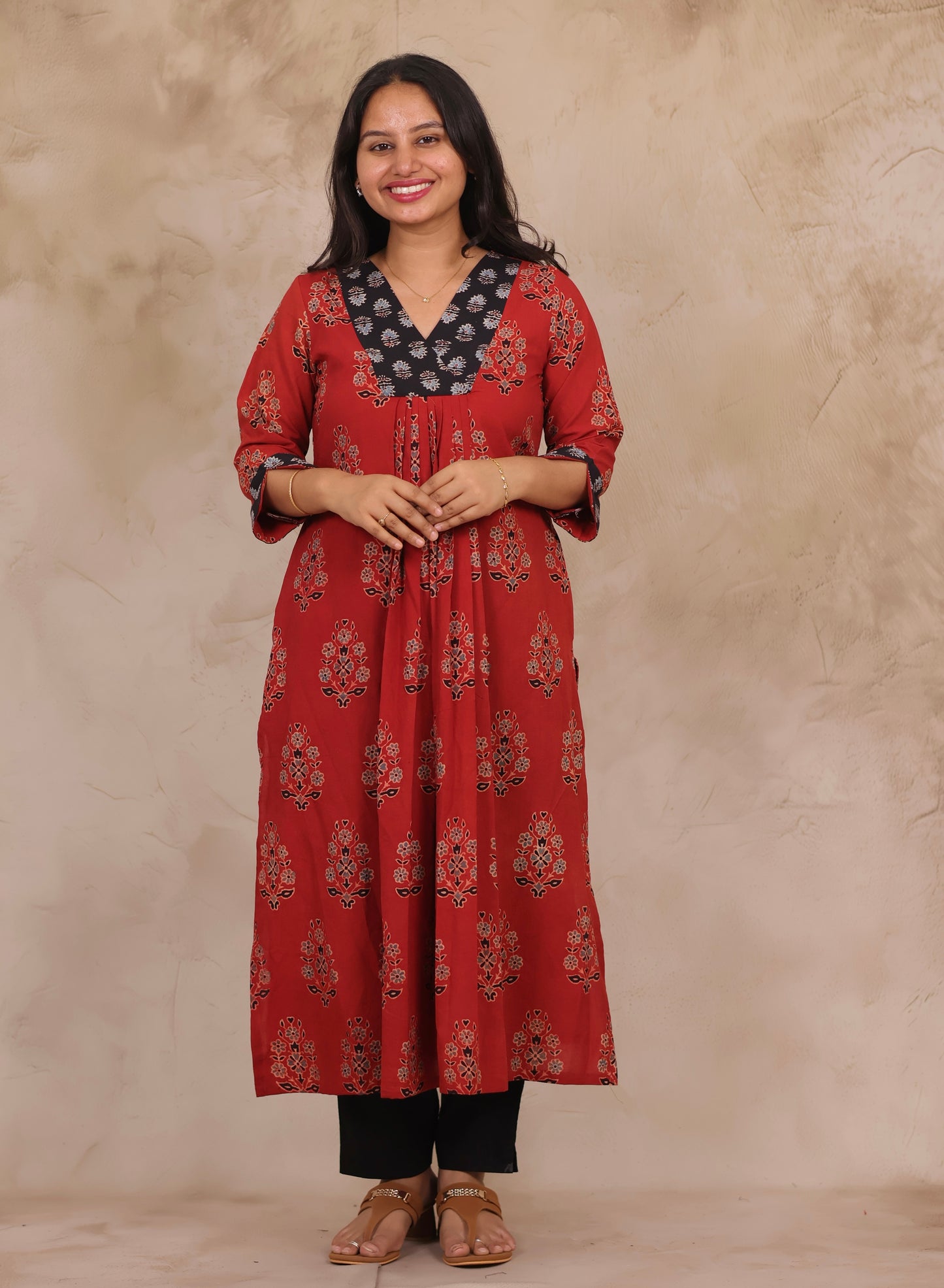 Red Pure Mul Cotton Ajrakh Patchwork Aline Kurta | Looms & Tassels