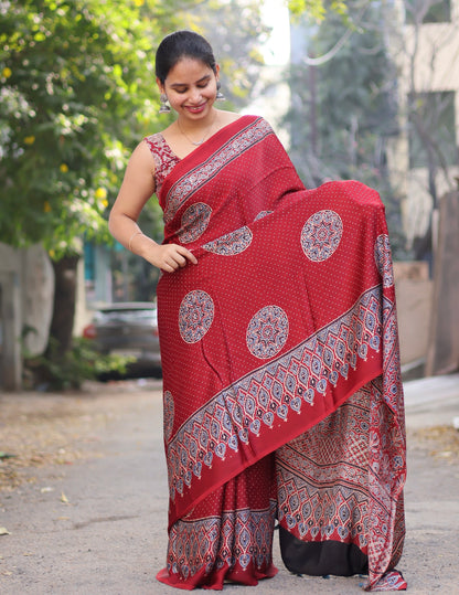 Red Ajrakh Modal Silk Saree