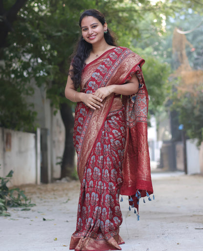 Traditional Ajrakh Handblock Printed Dola Silk Saree