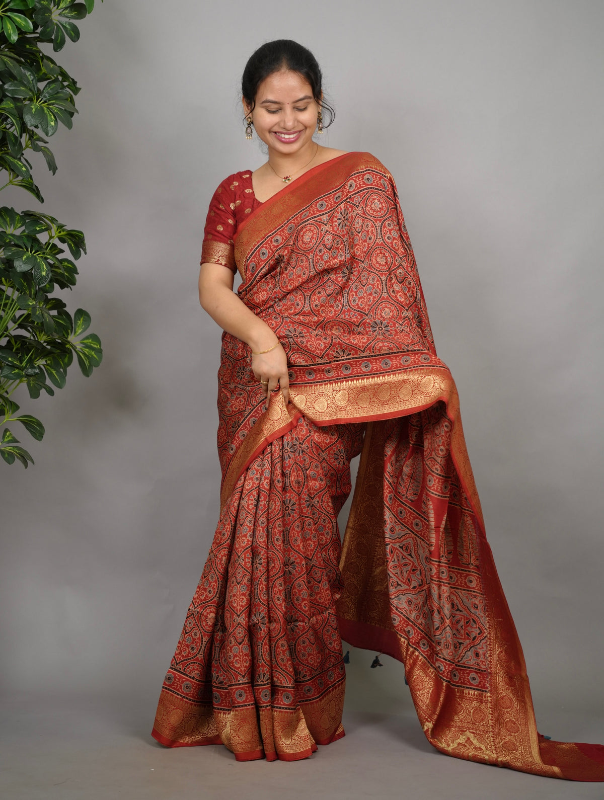 Maroon Ajrakh Handblock printed Dola Silk Saree| Looms & Tassels