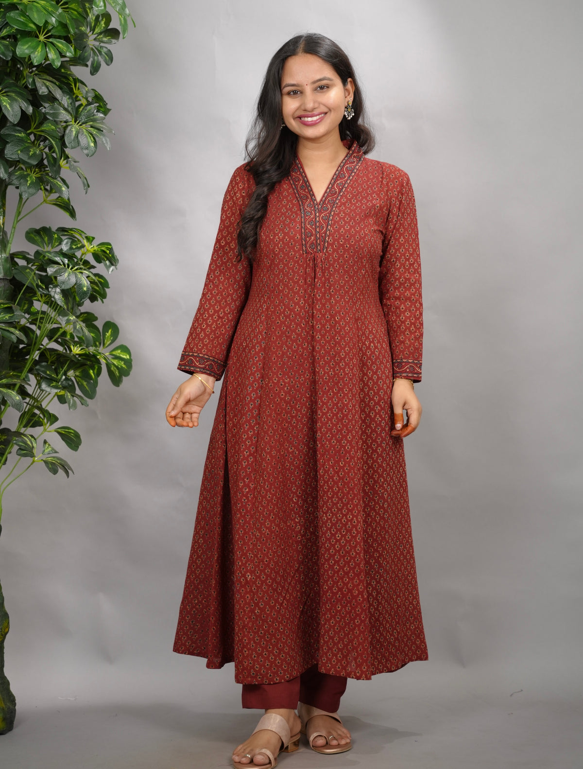 Rust Maroon Butti Ajrakh Cotton Kali Kurta | Looms & Tassels