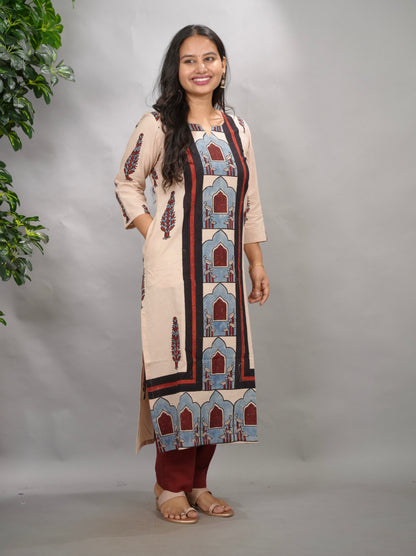 Cream Ajrakh Pattern Hand Block printed Kurti | Looms & Tassels