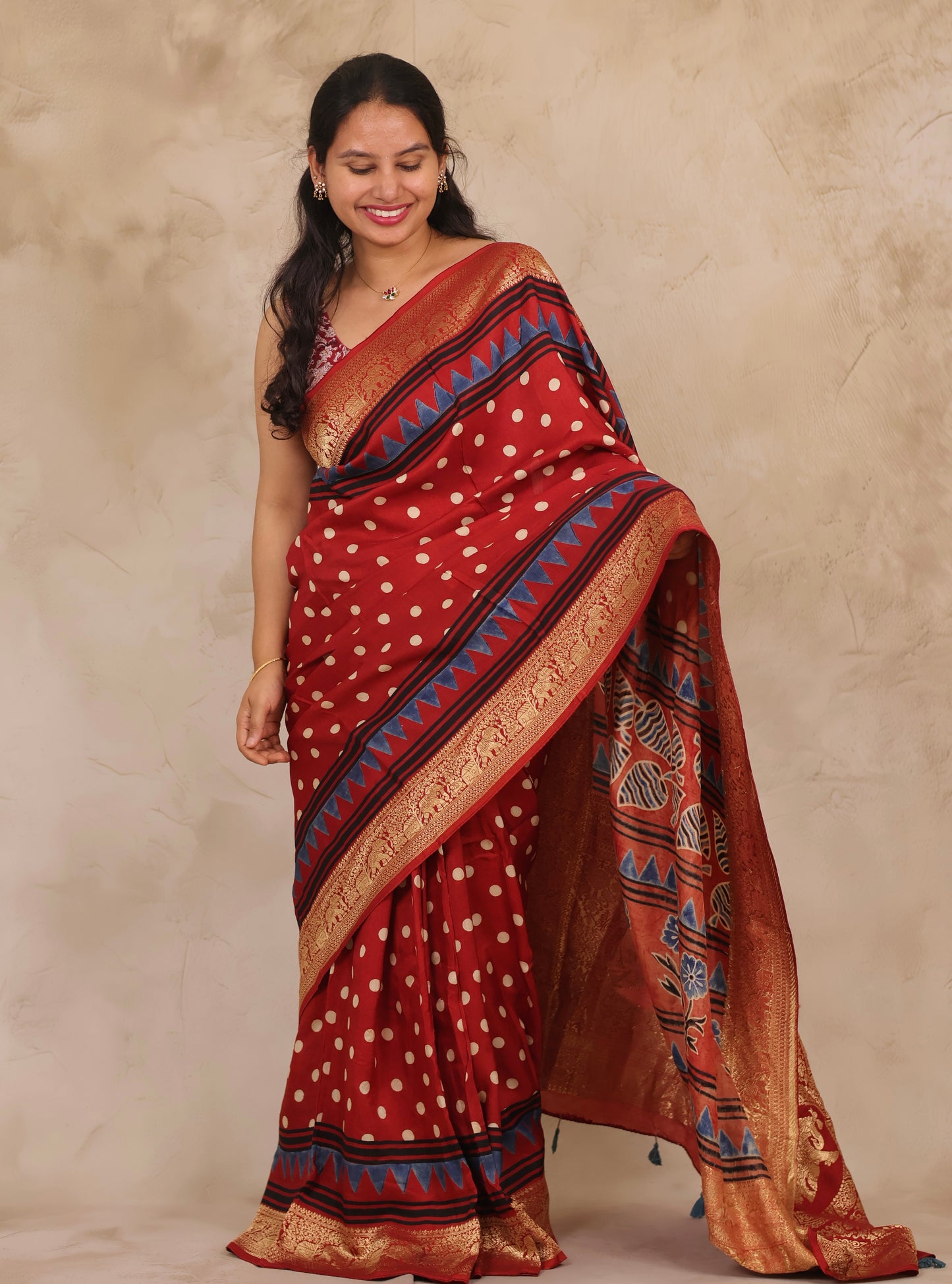Red Ajrakh Handblock printed Dola Silk Saree | Looms & Tassels