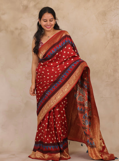 Red Ajrakh Handblock printed Dola Silk Saree | Looms & Tassels