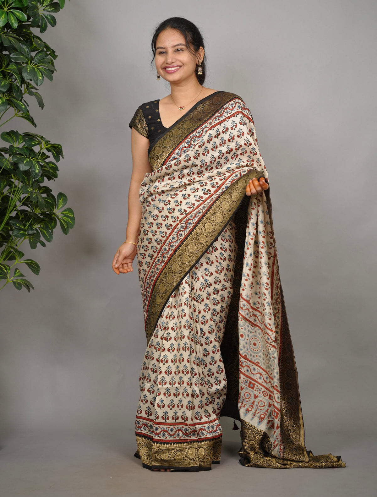 Cream Ajrakh Handblock printed Dola Silk Saree| Looms & Tassels