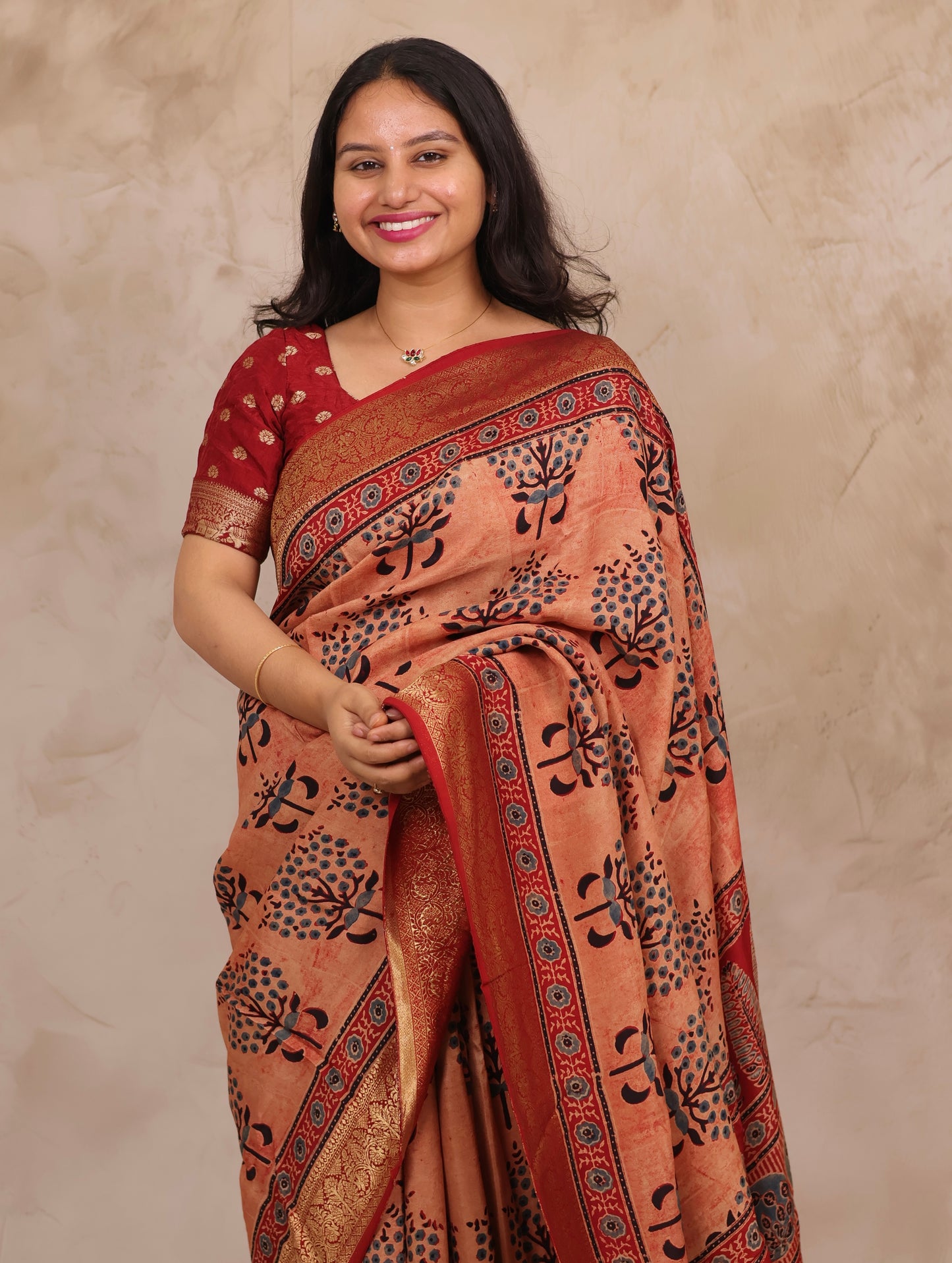 Onion Pink Ajrakh Handblock printed Dola Silk Saree | Looms & Tassels