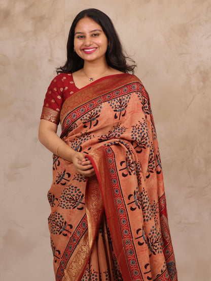 Onion Pink Ajrakh Handblock printed Dola Silk Saree | Looms & Tassels