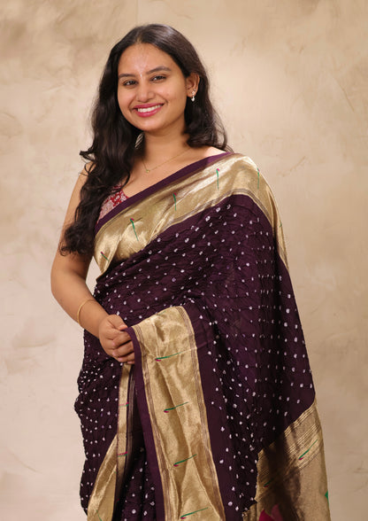 Deep Purple Handcrafted Bandhani Paithani Dola Silk Saree | Looms & Tassels