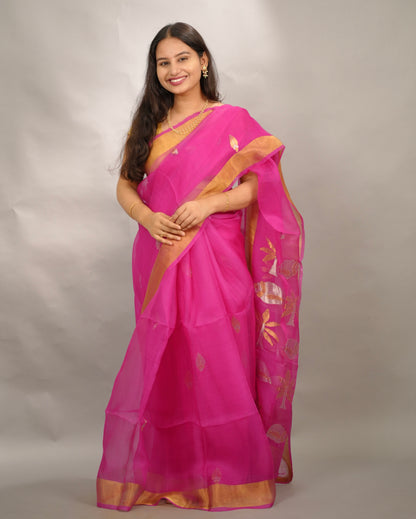 Pink Handloom Muslin Silk Saree With jamdhani weaving | Looms & Tassels