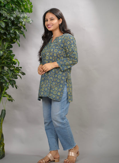 Indigo Ajrakh Hand Block Printed Short Top