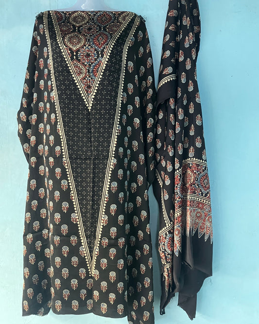 Black Floral Ajrakh Handblock Printed Modal Silk 2 Piece Suit Set