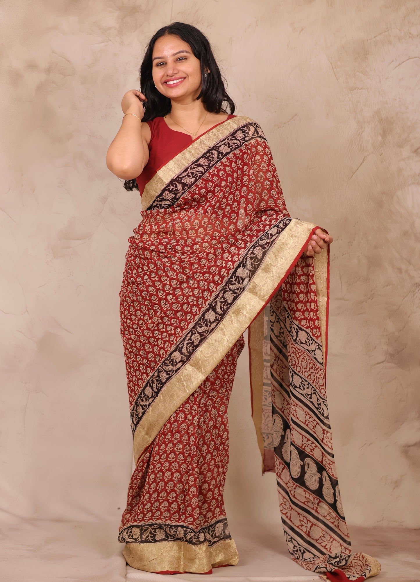 Maroon Chiffon Hand Block Printed Saree with Jari Border | Looms & Tassels