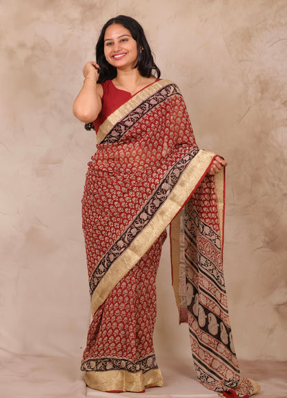 Maroon Chiffon Hand Block Printed Saree with Jari Border | Looms & Tassels