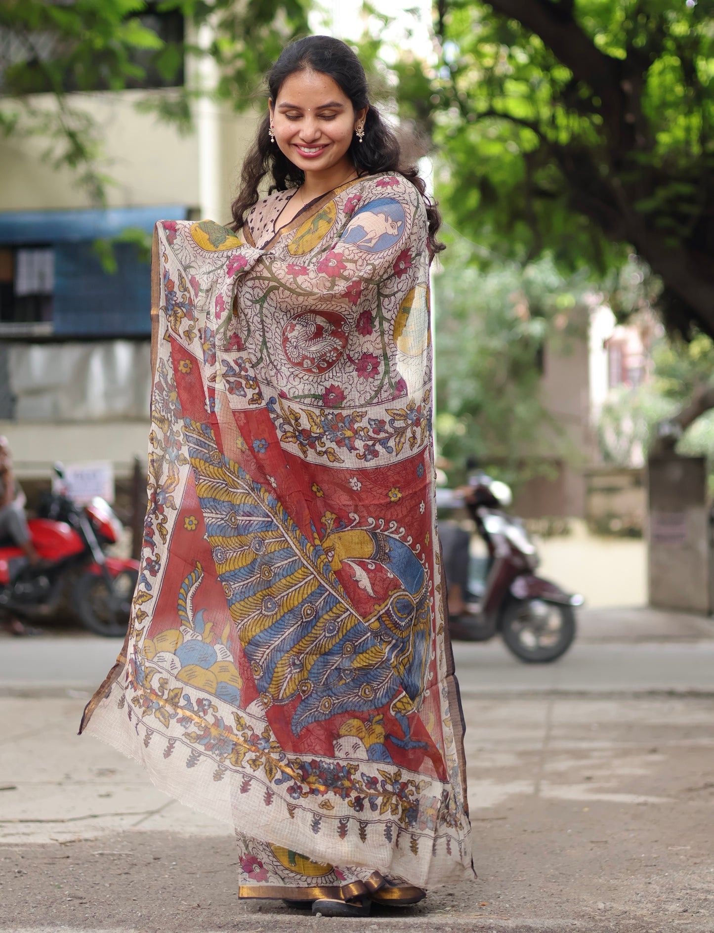 Cream Kalamkari printed Kota Doriya Saree