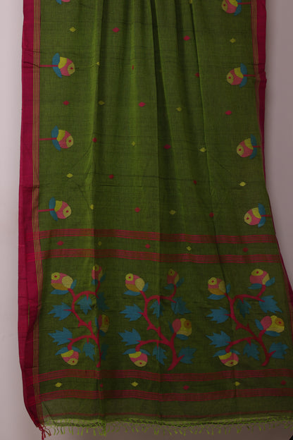 Green Pure Handwoven Jamdhani Malai Cotton Saree
