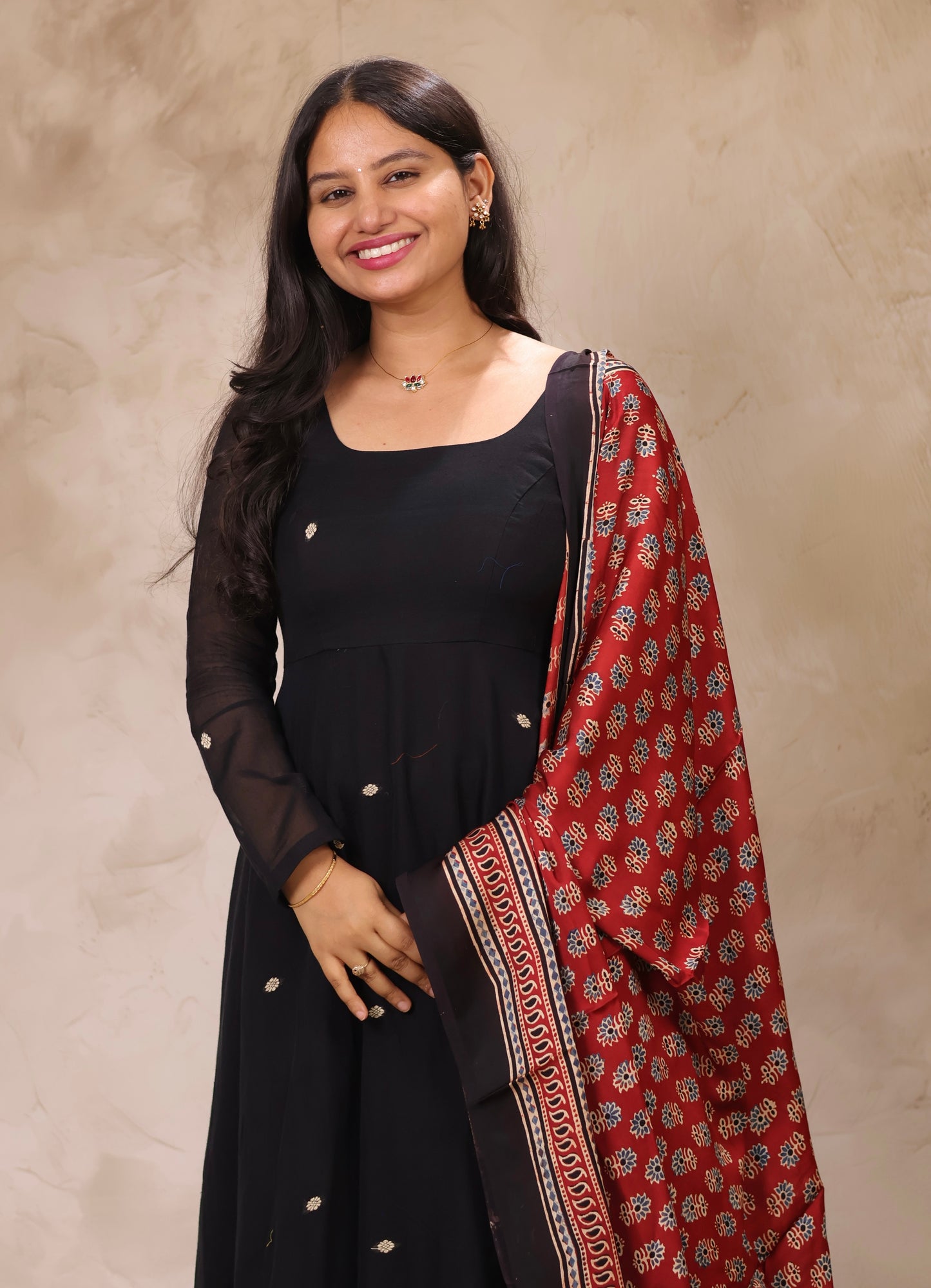 Black Ajrakh Patch Work Narayanpet Cotton Anarkali Dress with Ajrakh Modal Silk Dupatta | Looms & Tassels