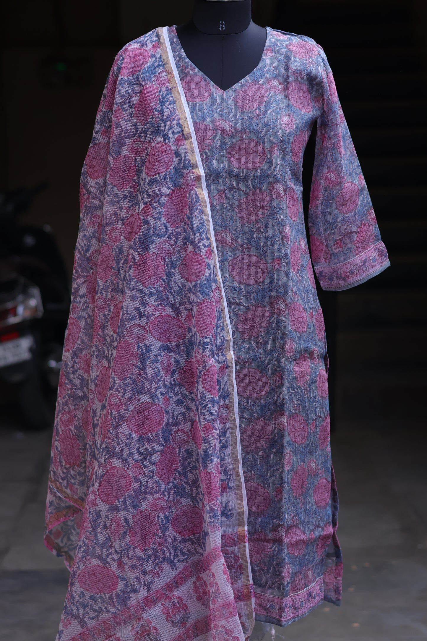 Pastel Handblock printed kota 3 piece suit (stitched)