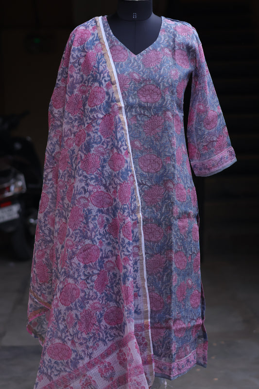Pastel Handblock printed kota 3 piece suit (stitched)