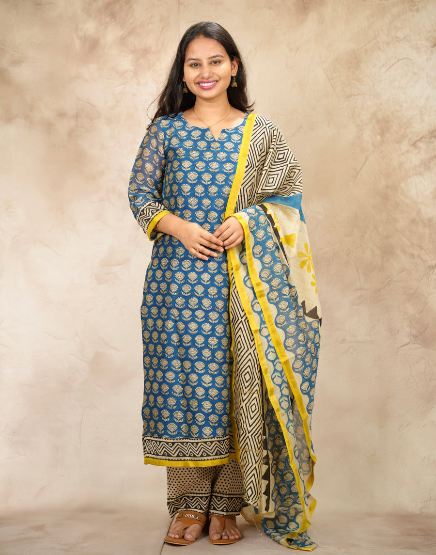 Blue Handblock printed Pure Chenderi Silk 3 piece suit (stitched) |  Looms & Tassels