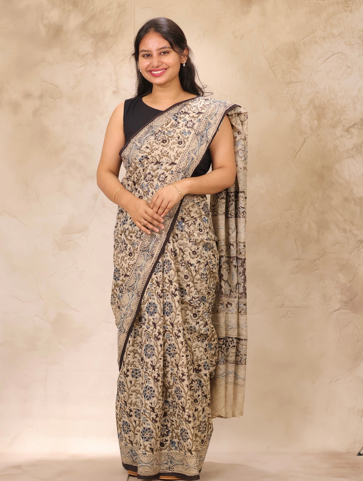 Cream Hand Block Printed Kalamkari Cotton Saree | Looms & Tassels