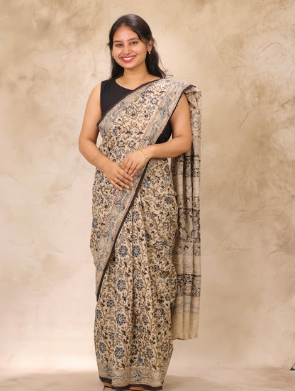 Cream Hand Block Printed Kalamkari Cotton Saree | Looms & Tassels