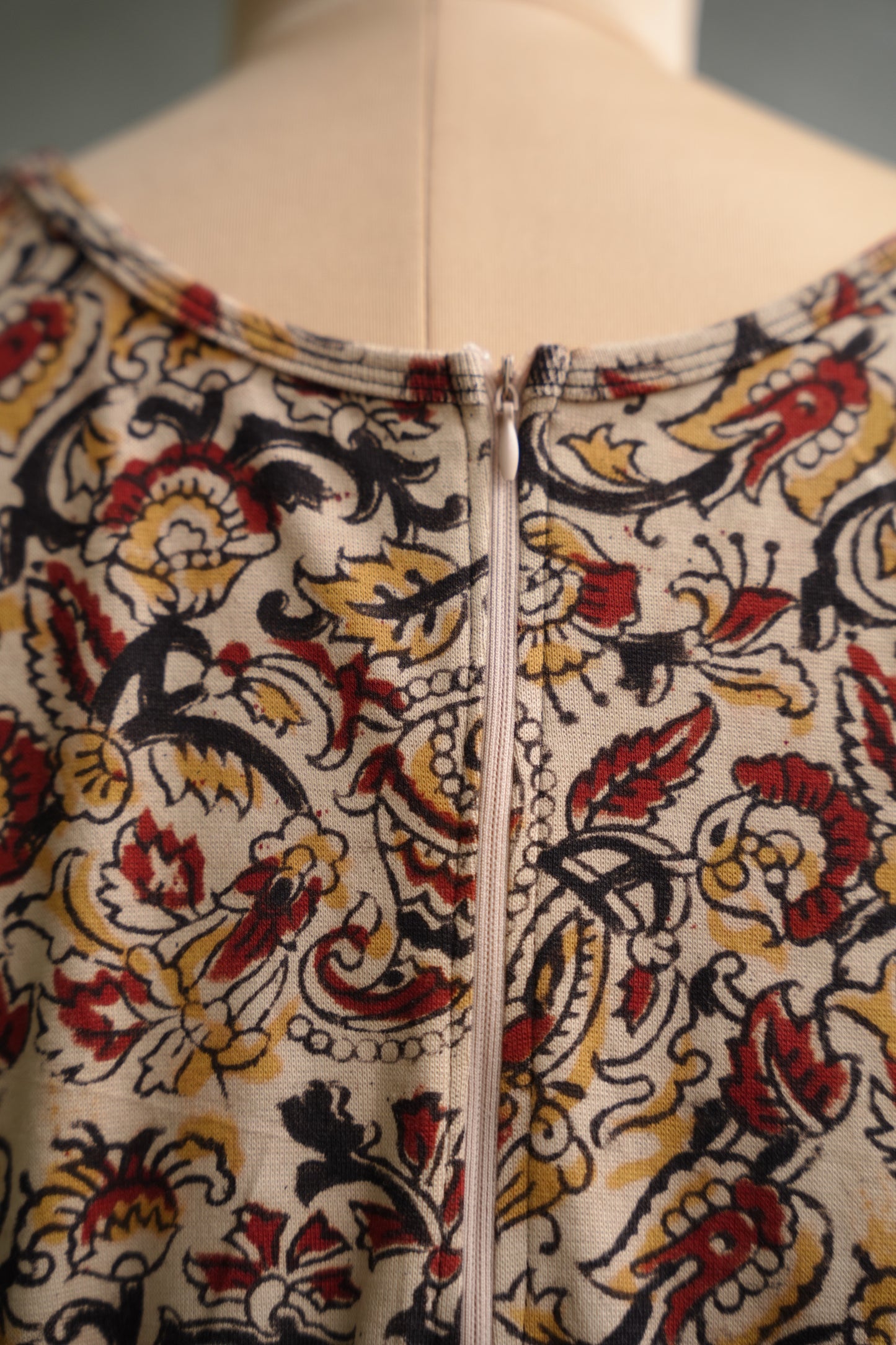 Cream Round Neck With Back Zip Stretchable Hand block printed kalamkari blouse
