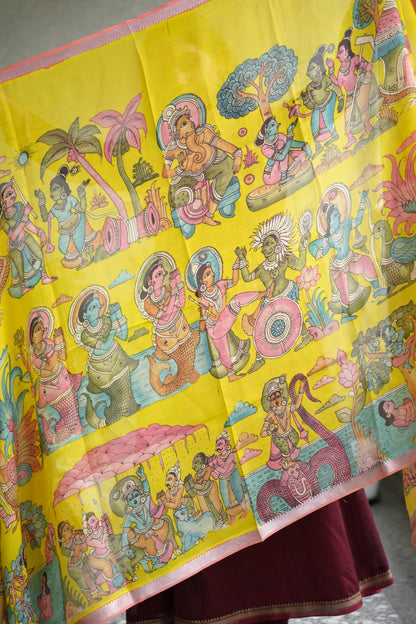 Yellow Pen Kalamkari Mangalagiri silk Dupatta
