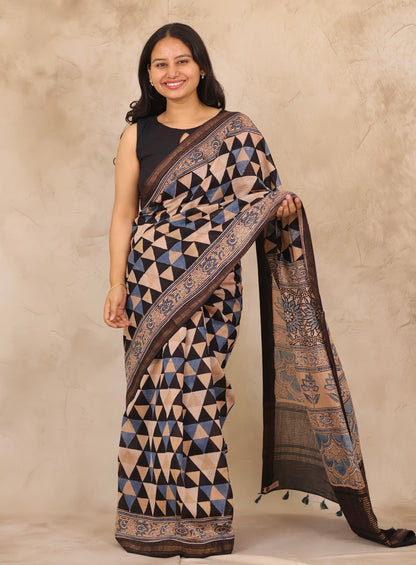 Maheswari Silk Cotton Ajrakh Handblock Printed Saree | Looms & Tassels
