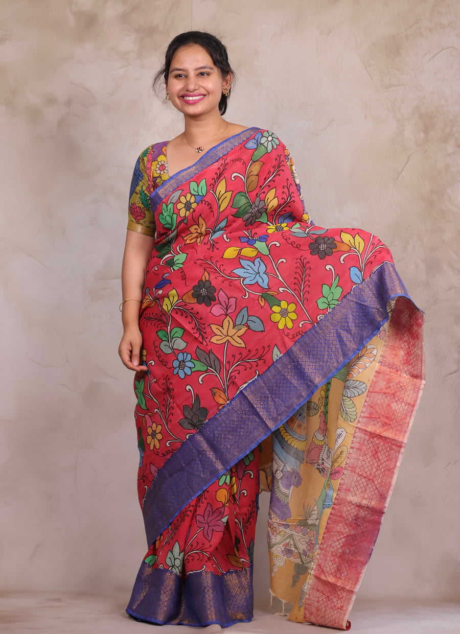 Hand Drawn Pen Kalamkari Pink And Blue Bangalore Silk Kanchi Border Saree | Looms & Tassels
