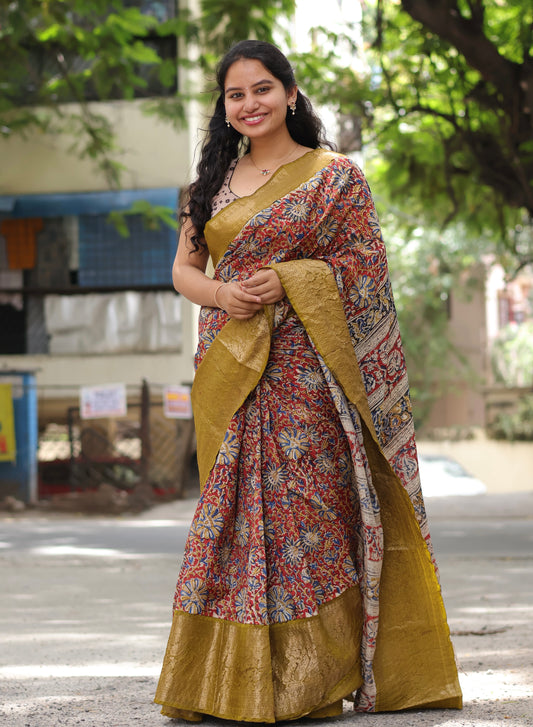 Red & Green Kuppadam Border Kalamkari Uppada Silk Saree