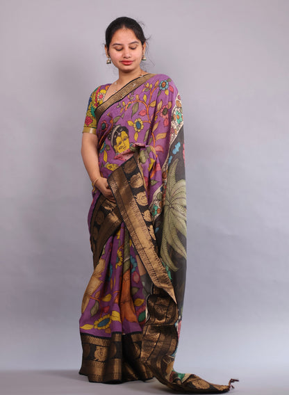 Lavender Hand Painted Pen Kalamkari Silk Saree