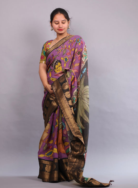 Lavender Hand Painted Pen Kalamkari Silk Saree
