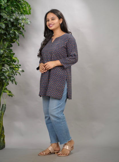 Indigo Ajrakh Hand Block Printed Short Top