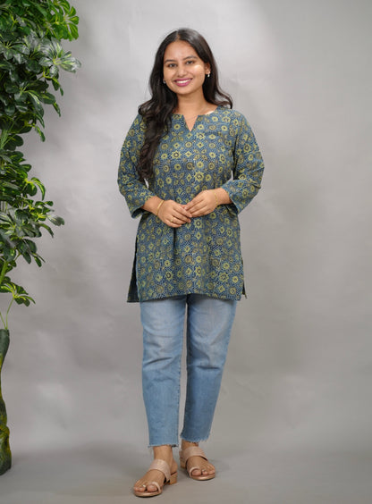 Indigo Ajrakh Hand Block Printed Short Top