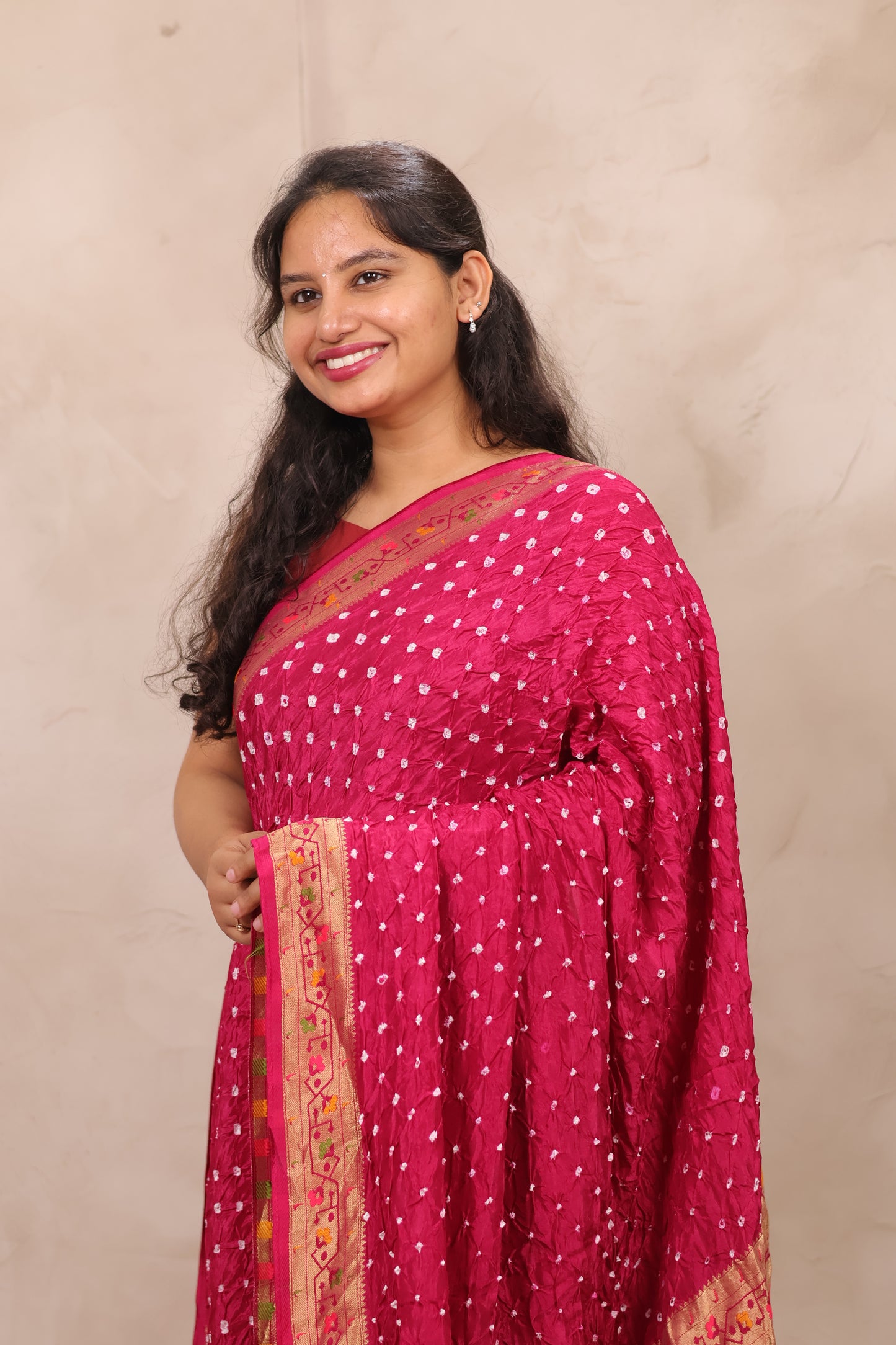 Pink Handcrafted Bandhani Paithani Dola Silk Saree | Looms & Tassels