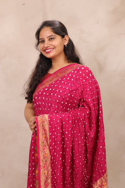 Pink Handcrafted Bandhani Paithani Dola Silk Saree | Looms & Tassels