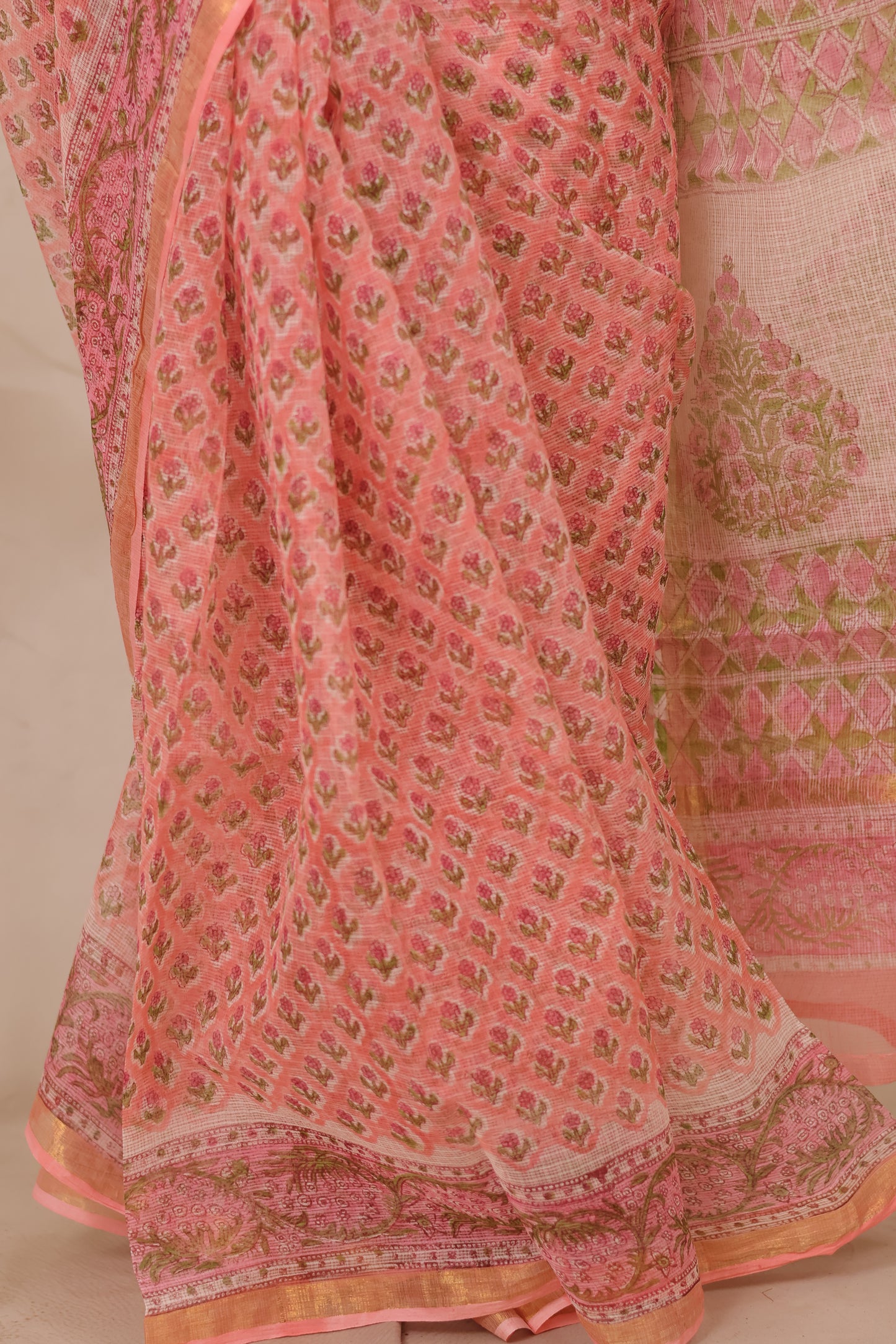 Peach Pure Kota Doria Saree with Bagru Handblock Prints | Looms & Tassels