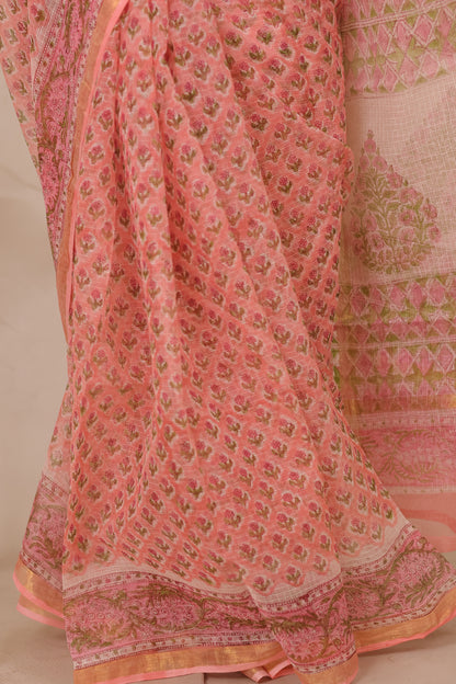 Peach Pure Kota Doria Saree with Bagru Handblock Prints | Looms & Tassels