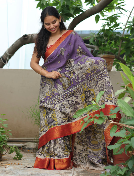 Lavender Kanchi border Kalamkari chennur silk saree